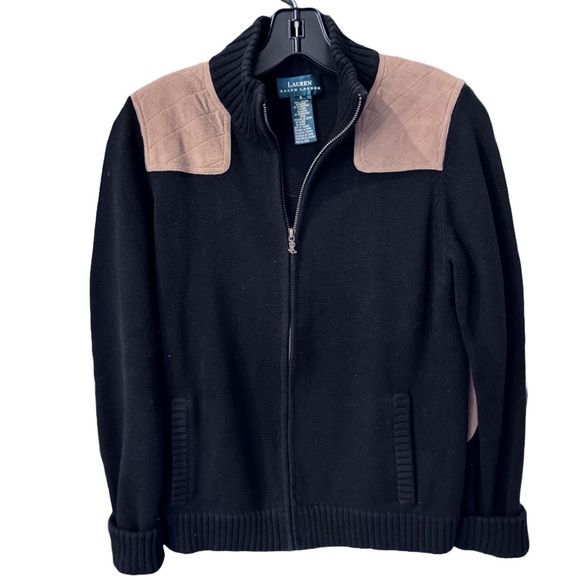 Lauren Ralph Lauren Womens Sweater Cardigan Small Black Leather Patch Mock Neck - Picture 1 of 8